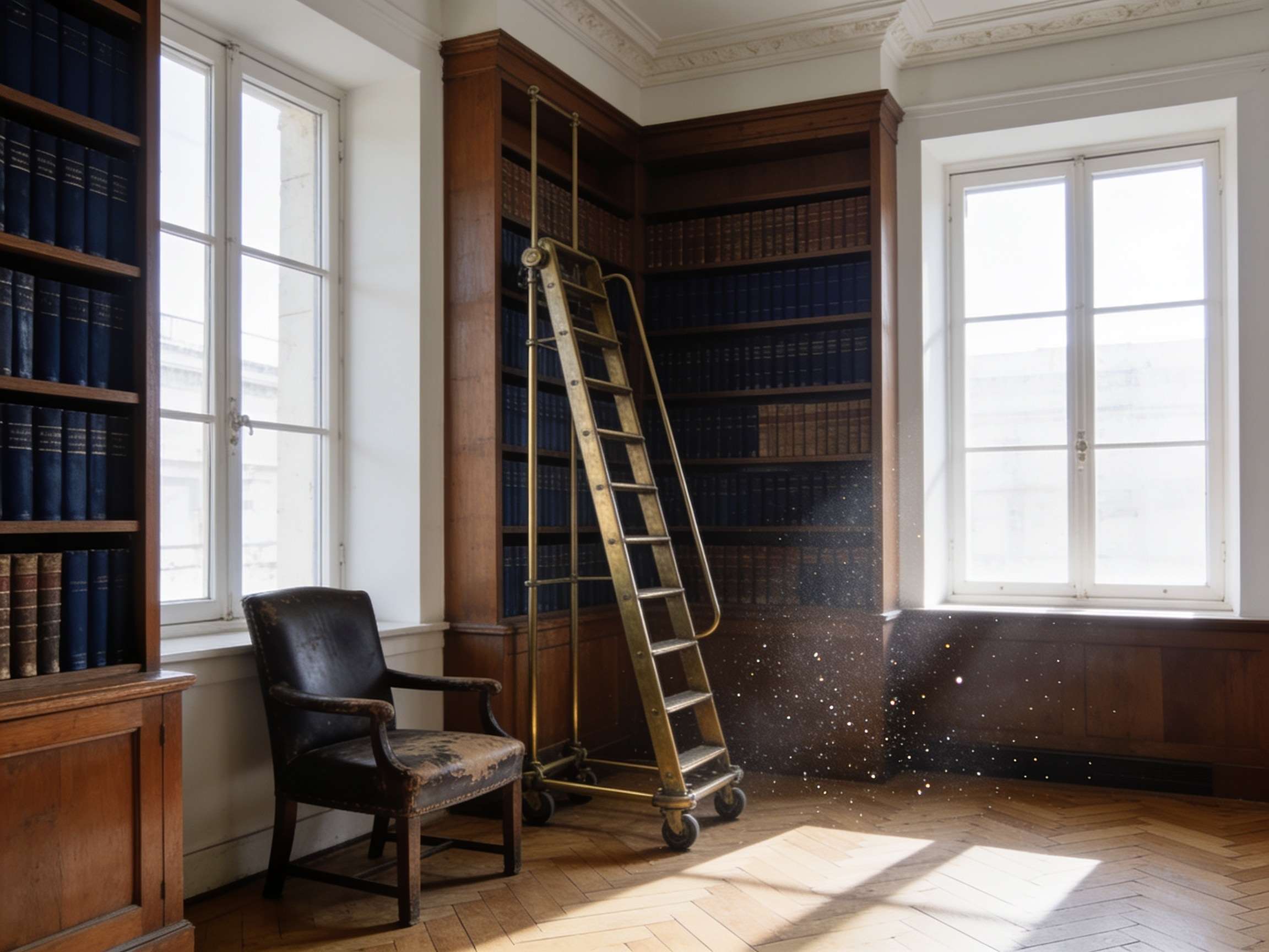 Bibliotheksecke der Kanzlei mit Leseleiter und Ledersessel